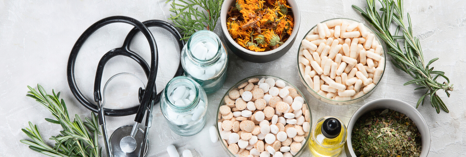 Alternative medicine herbs and homeopathic globules. Homeopathy