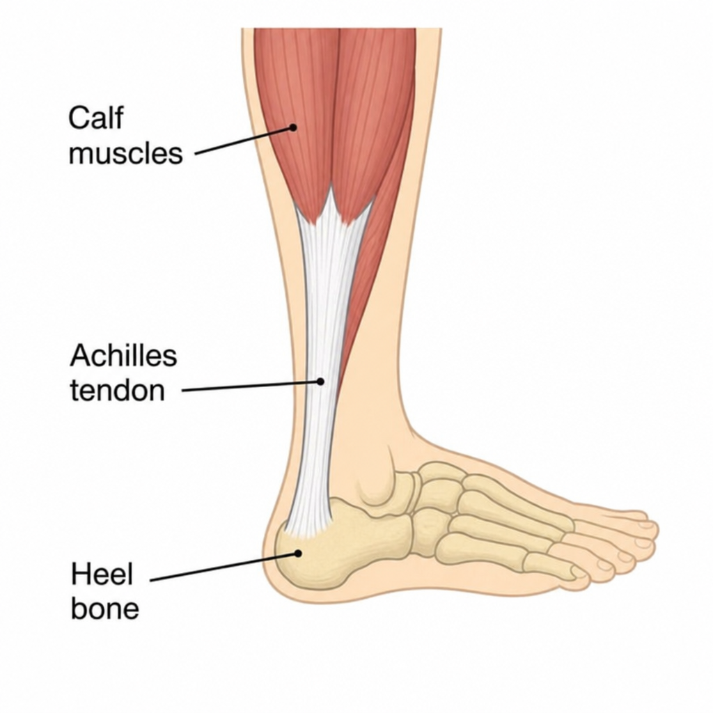 diagram of the achilles tendon connecting calf muscles to heel bone
