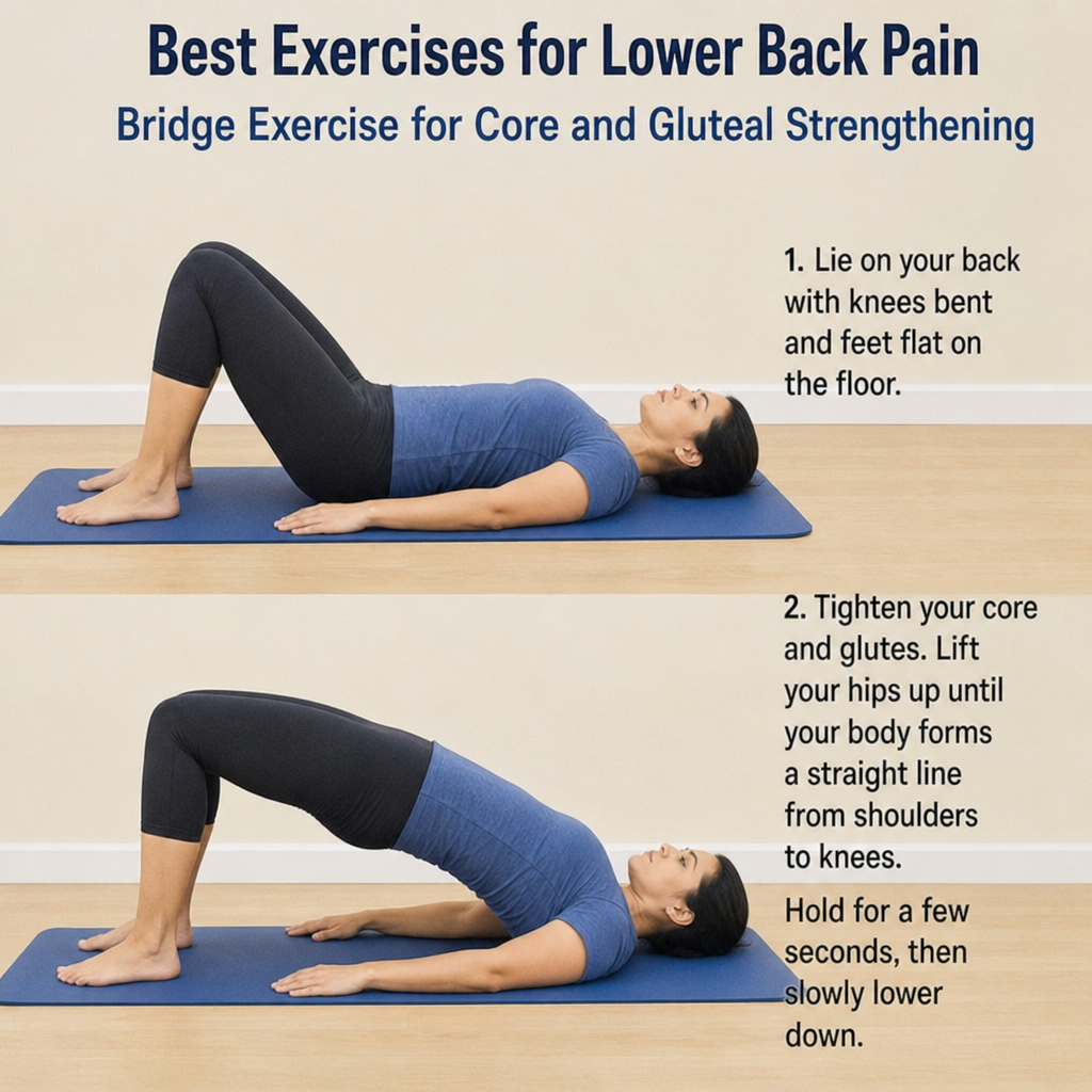 best exercises for lower back pain - bridge exercise for core and gluteal strengthening