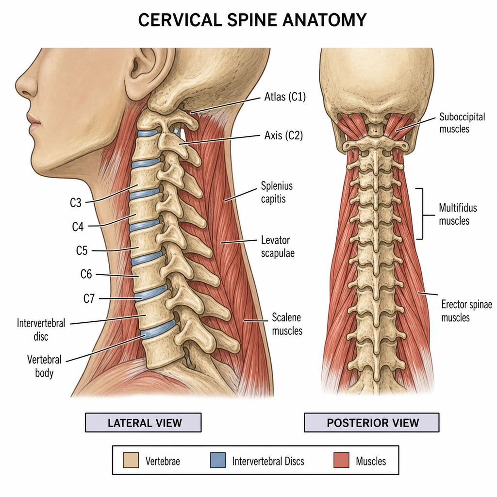 cervical spine neck anatomy showing vertebrae discs and muscles