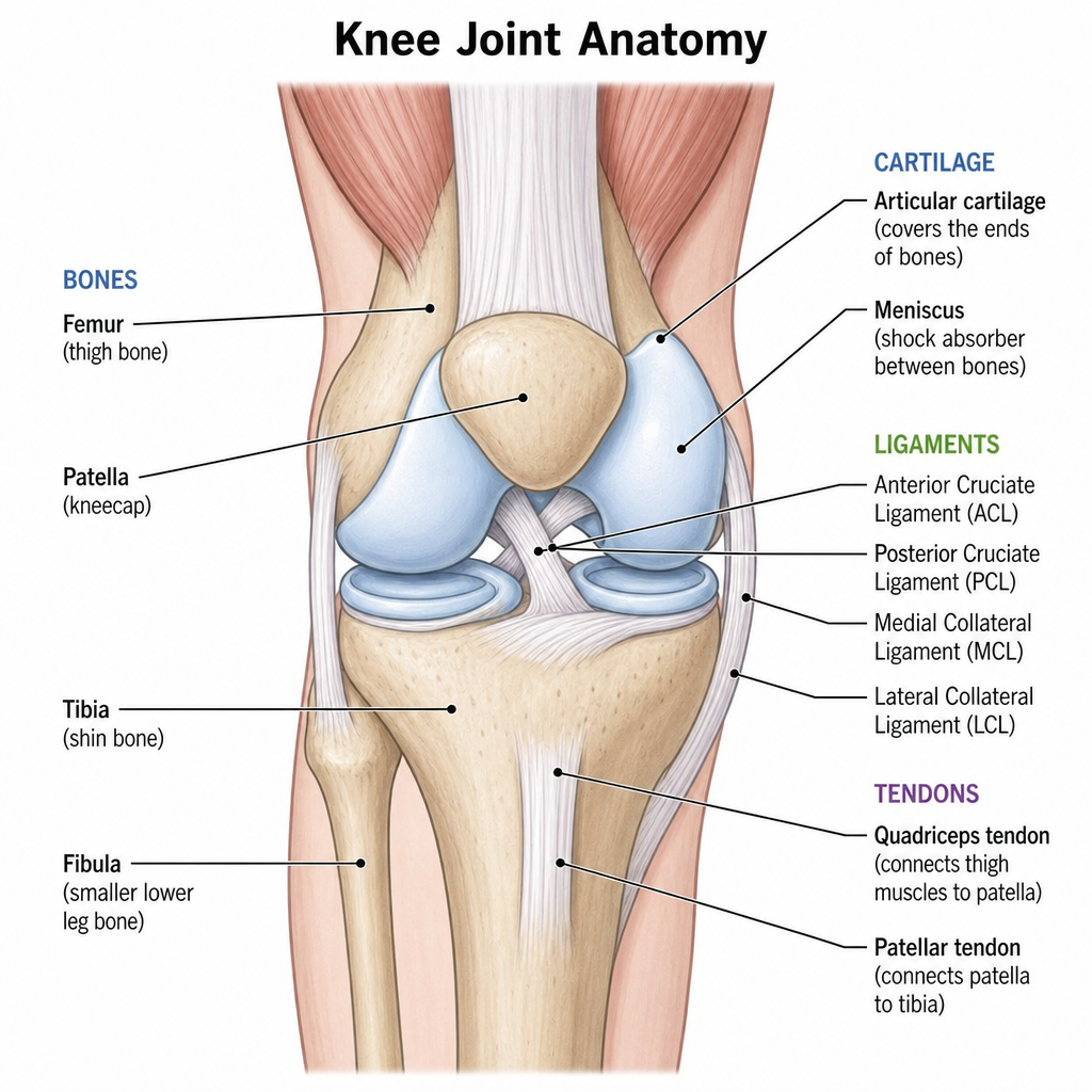 knee joint anatomy showing bones cartilage ligaments and tendons
