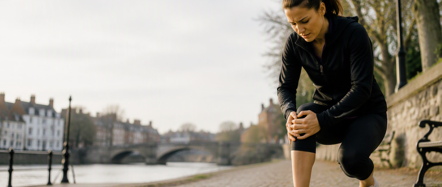 Woman holding her knee in pain while sitting