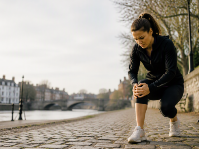 Woman holding her knee in pain while sitting