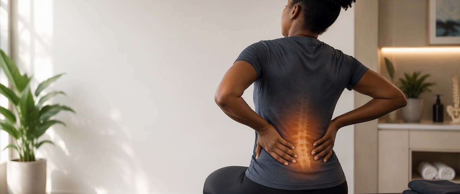 Woman with lower back pain holding her lumbar spine
