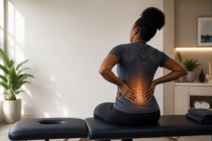 Woman with lower back pain holding her lumbar spine