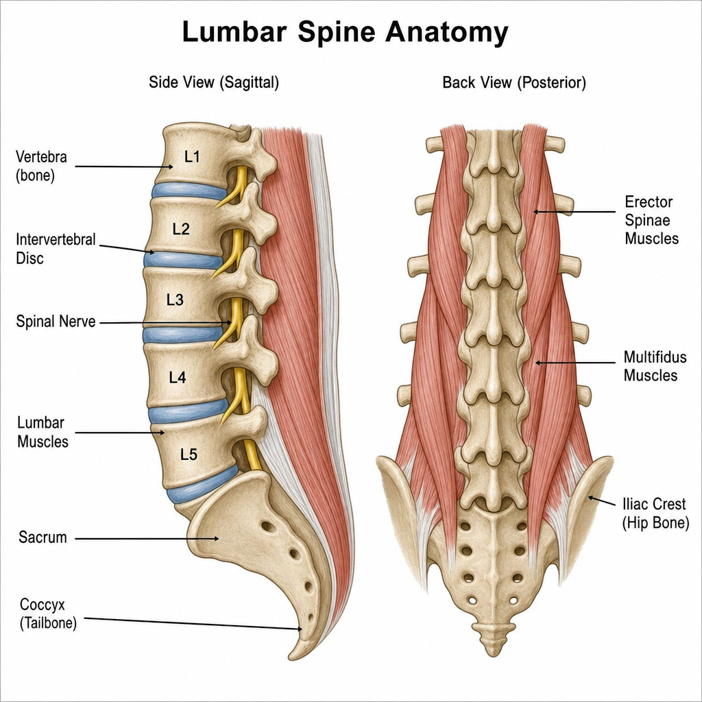 lower back lumbar spine anatomy showing vertebrae discs and muscles