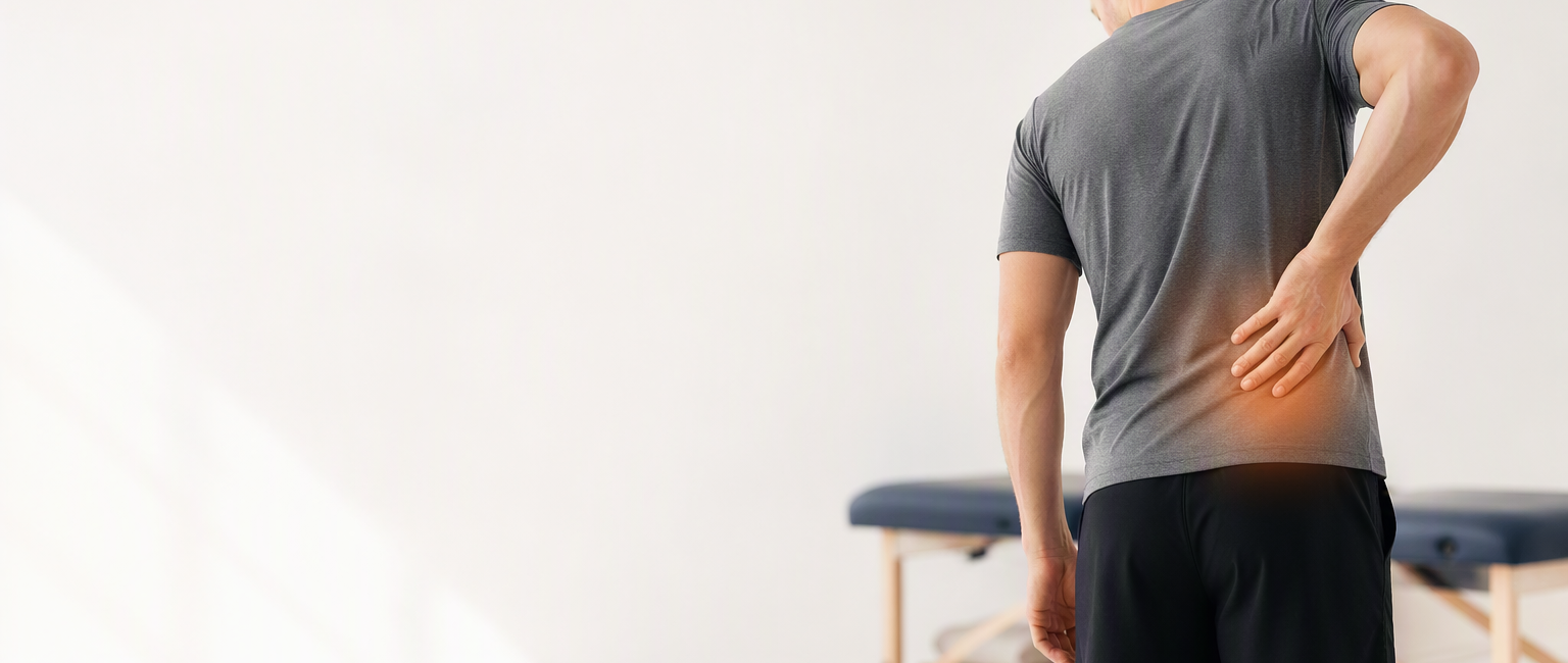Man holding lower back in pain from sciatica - physiotherapy treatment at Westway Clinic Redhill