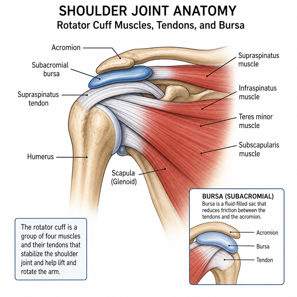 shoulder joint anatomy showing rotator cuff muscles tendons and bursa