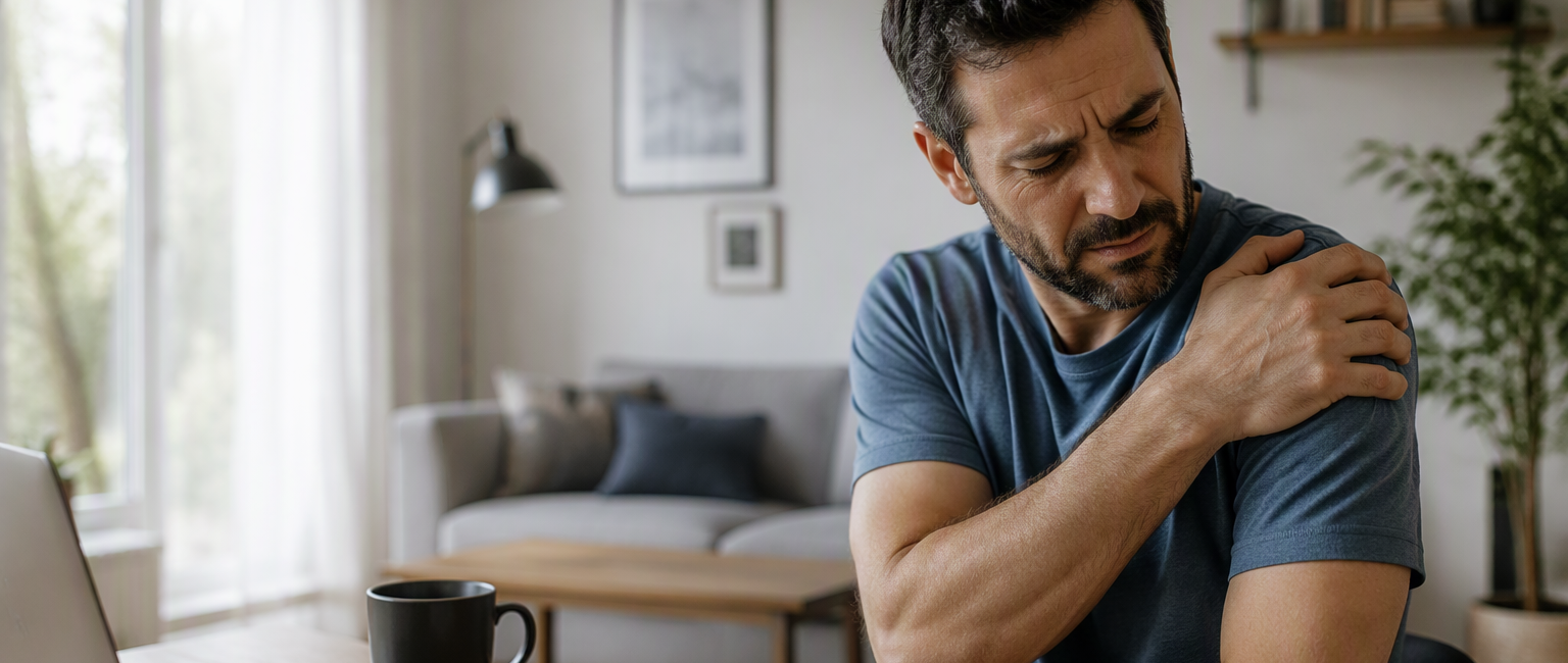 Man experiencing shoulder pain holding his neck and shoulder