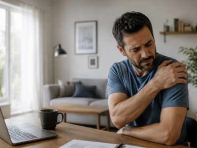 Man experiencing shoulder pain holding his neck and shoulder