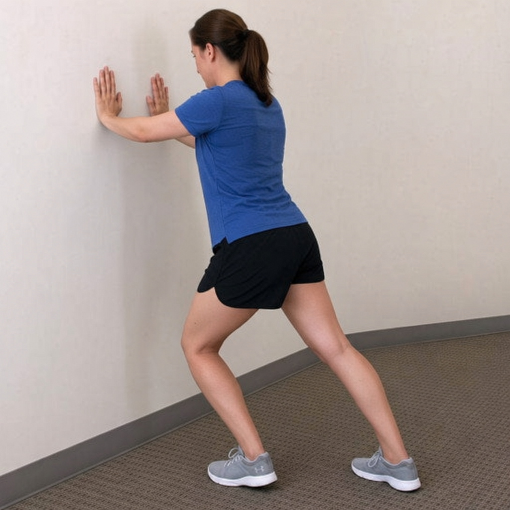 standing calf stretch for achilles tendonitis - hands against wall with back leg straight