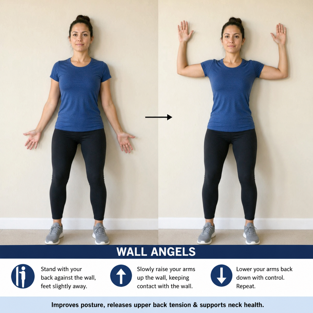 neck pain relief exercises - wall angels for upper back posture and neck support